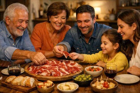 Gemeinsames Familienessen mit Jam&oacute;n Ib&eacute;rico und Tapas
Fr&ouml;hliche Familie teilt spanischen Schinken und kleine Tapas in gem&uuml;tlicher Atmosph&auml;re mit Wein, Brot und mediterranem Flair.