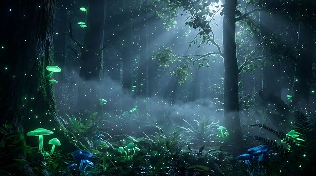 Enchanted forest with glowing green mushrooms and blue fungi night