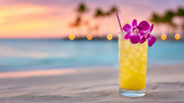 Tropical cocktail with orchid garnish on beach at sunset  
