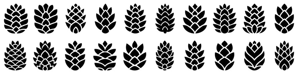 Fototapeta premium A set of stylized black silhouettes of pine or fir cones. Minimalist vector illustration of nature, forest, and winter decor elements.