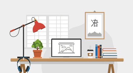 Obraz premium Cozy Home Office Desk with Laptop, Books, Lamp, and Japanese Art