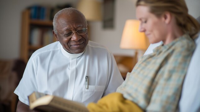 Hospice chaplain offering spiritual comfort to patient in quiet room with religious texts available while respecting diverse faith traditions, ideal for end-of-life emotional support, and modern