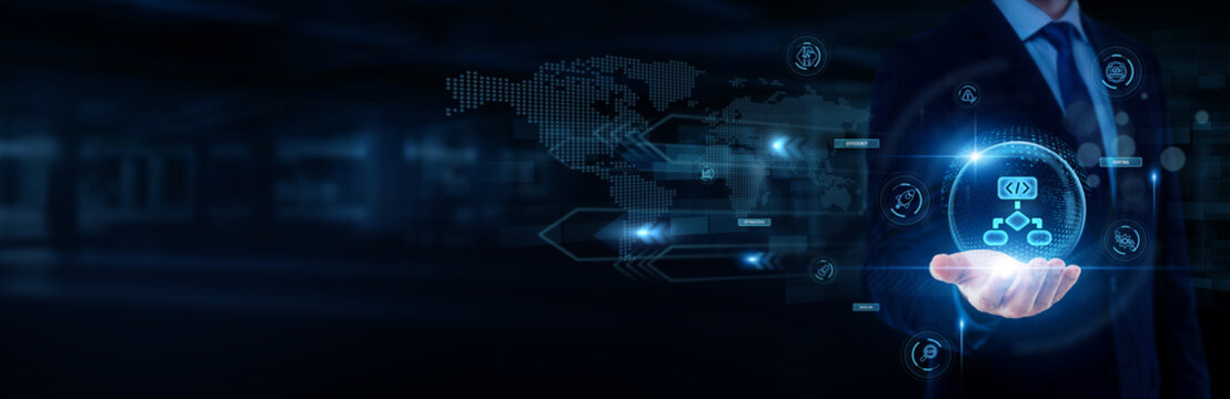 Programmer hand holding with worldwide network connection, coding technology, software engineering, programming logic, algorithm development concept.