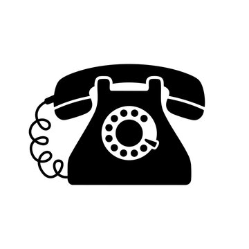 Black silhouette of a retro rotary dial telephone. Minimalist icon of a classic landline phone, isolated on a white background. Vector illustration.