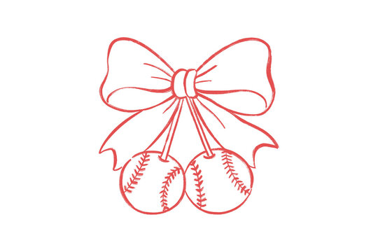 Red line drawing of two baseballs tied with a bow isolated on transparent background