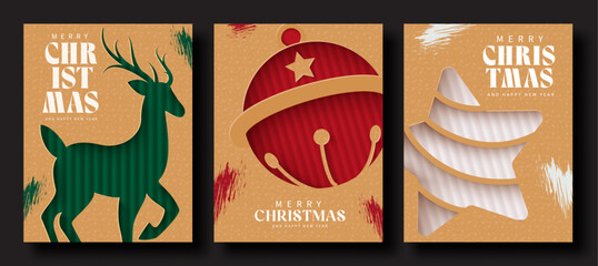 Christmas poster set, greeting card, cover design with deer, ornament ball, fir tree and festive typography in paper cut geometric style on warm retro backgrounds for seasonal decoration © Larisa