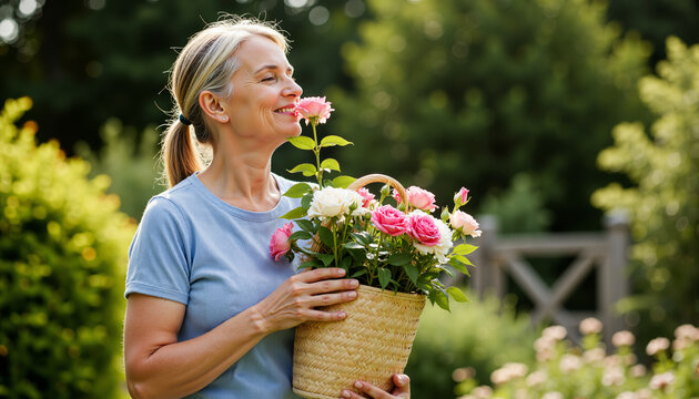 Woman in her 50s, standing in a garden with a basket of freshly cut flowers, smelling a rose  
