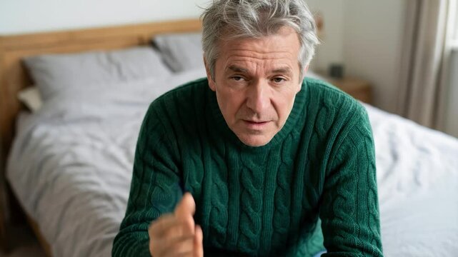 Distressed older man sitting on the edge of his bed, clutching his face in pain, suggesting headache or toothache, in a brightly lit bedroom.