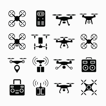 A collection of drone icons and symbols in a flat, minimalist design style