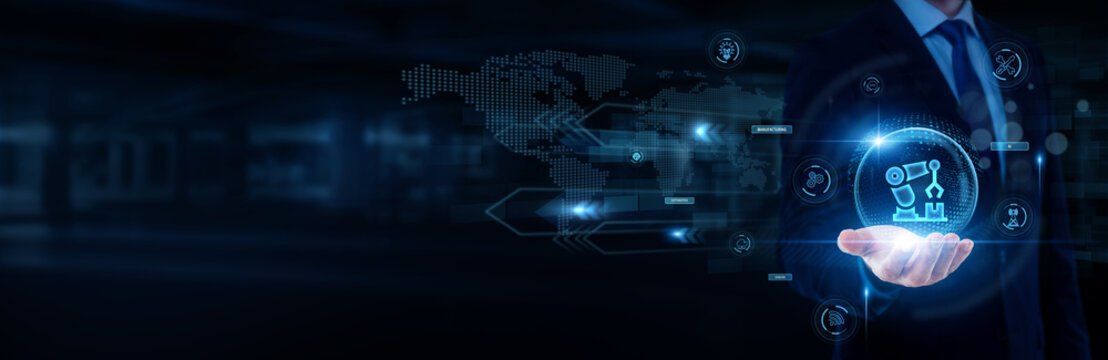 Robotics engineer hand holding with worldwide network connection, industrial automation systems, intelligent robots technology, smart manufacturing innovation, robotics concept.