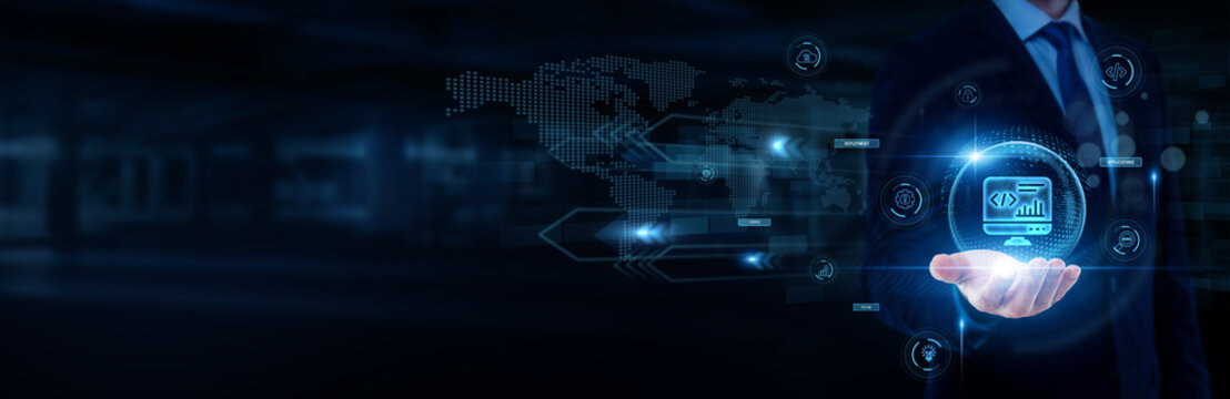 Software developer hand holding with worldwide network connection, programming technology systems, application development process, coding innovation tools, software development concept.