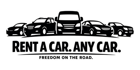 Car rental company logo featuring multiple vehicle types for hire including sedan, SUV, van, and pickup truck