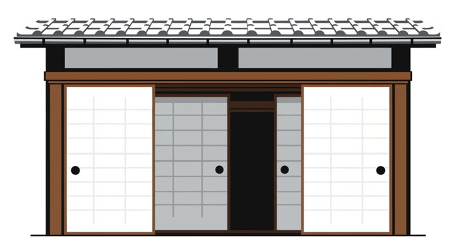 Traditional Japanese House Entrance with Shoji Screens and Tiled Roof
