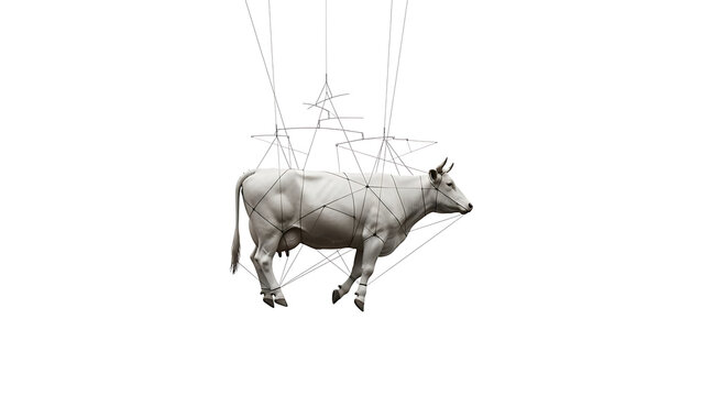 Gray cow suspended by wires and geometric framework, illustration