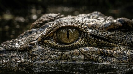 Fototapeta premium Close up view of crocodile eye emerging from murky water with textured skin and slit pupil look