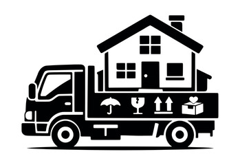 Naklejka premium Delivery truck carrying a house and package symbols, representing moving, home relocation, property transport, and shipping services