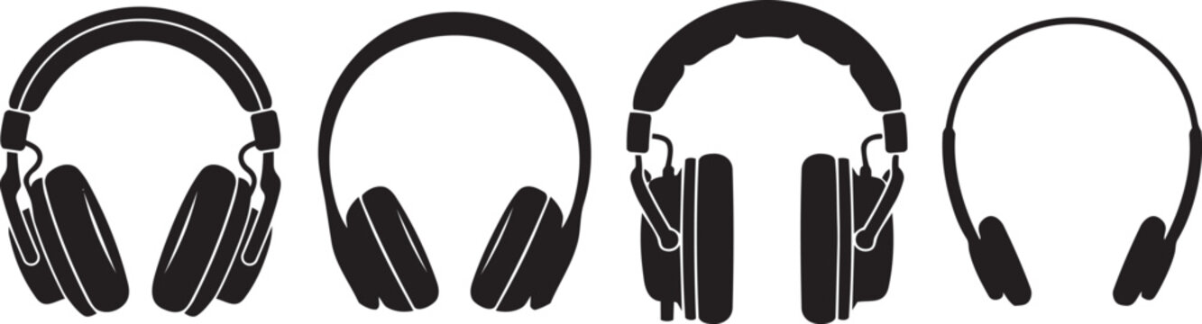 Four abstract line art illustrations of over-ear headphones, depicted from the front