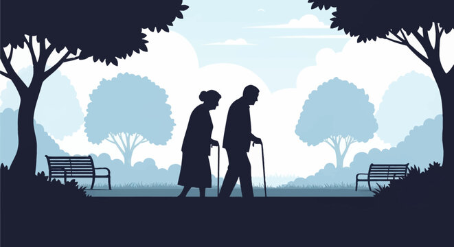 Silhouette of an elderly man and woman walking with canes in a public park with trees and benches. Flat vector illustration of senior citizens strolling together in a blue landscape.