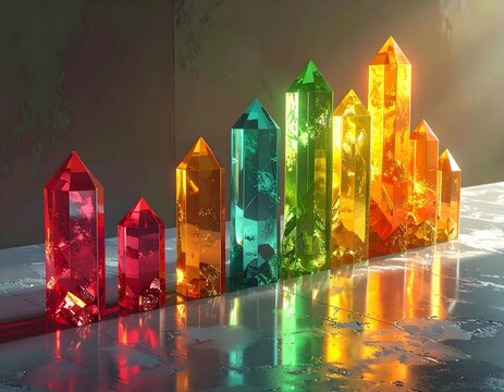 Conceptual business bar graph made of growing crystal formations on reflective desk