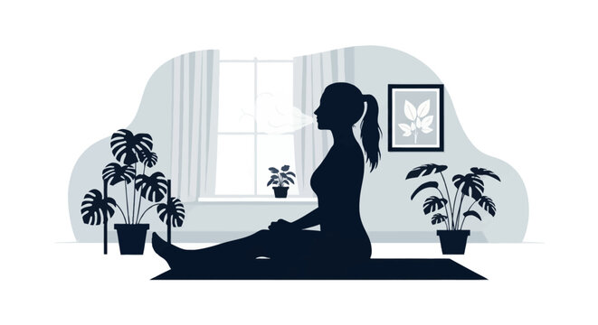 Silhouette of a woman sitting on a yoga mat in a living room practicing deep breathing exercises with visible exhaled air, surrounded by monstera plants near a window.