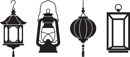 Collection of diverse traditional lantern silhouettes and hanging lamps, graphic design elements © Yasin