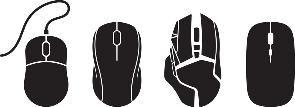 Collection of four computer mouse outlines, some with cables, showing different designs