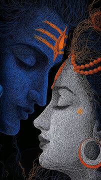 Side view of Lord Shiva and Parvati close up divine couple Hindu god and goddess sacred love spiritual harmony Kailash mythology artistic Shiva Parvati portrait