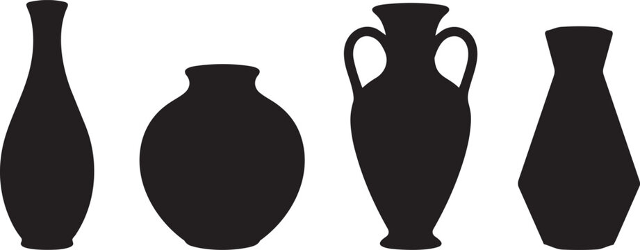 Silhouettes of diverse ancient pottery and amphorae vessels in a row