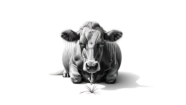 Black and white cow illustration, lying down, looking forward