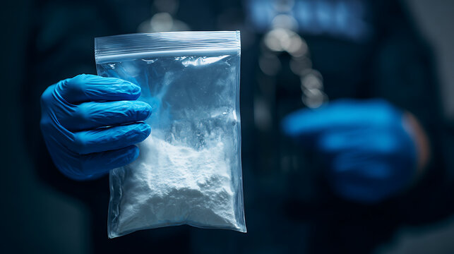 Gloved Hand Hold Plastic Bag with White Powder Substance, Present Evidence of Illegal Materials or Contraband for Legal Case Investigation