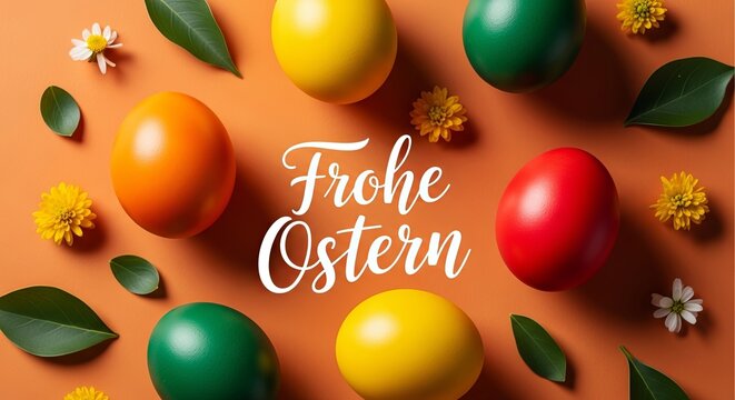 Frohe Ostern message with colorful eggs, flowers, and leaves on orange background for Easter holiday celebration greeting card