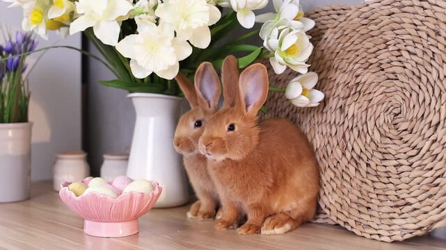 Cute red Easter bunnies in the kitchen with a plate of eggs and flowers