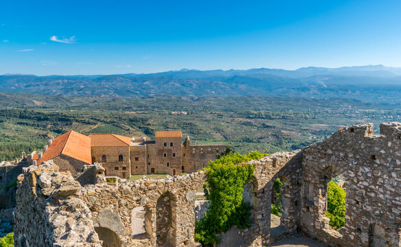 Panoramic view of The Despot's Palace at Mystras archeological site under UNESCO world heritage protection in Laconia, Greece