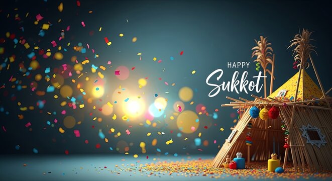 Traditional sukkah hut with colorful hanging decorations and wheat stalks. Happy Sukkot text in English for Jewish festival of booths. Festive celebration with confetti sparkles and lights on dark