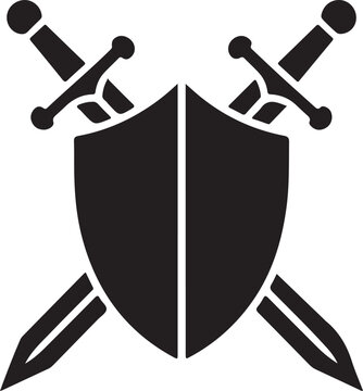 Two crossed swords atop a shield emblem representing strength and protection