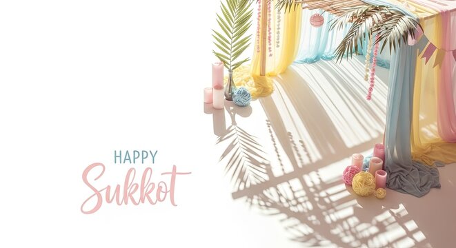 Colorful sukkah interior for Sukkot holiday. Palm fronds and hanging fabrics in pink yellow blue. Festive Jewish festival setup with candles pom poms and happy greeting text