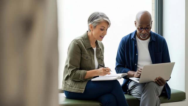 Diverse mature professional partners collaborating on a project while sitting by a window in a bright modern office, using a laptop and writing in a notebook for effective teamwork.