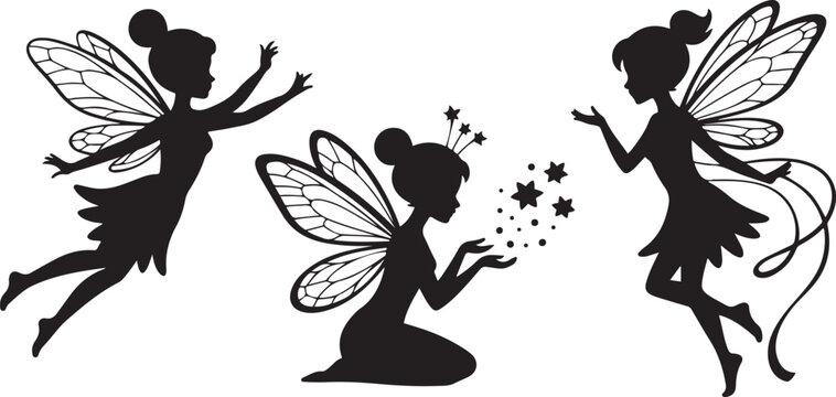 Fairy silhouettes. Funny fairies in different poses. Little creatures with wings. Mythical fairy tale characters in cute dresses. black icon drawing vector