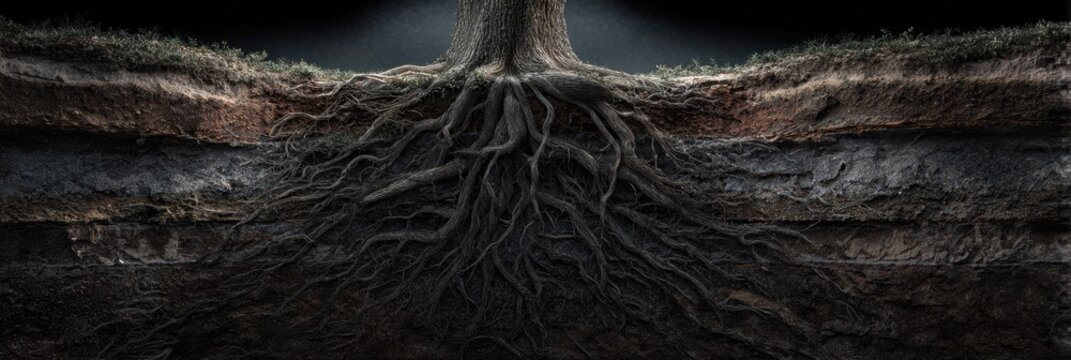 Panoramic illustration of a complex tree root system extending underground in a soil cross section. Conceptual view of nature, growth and hidden earth layers.