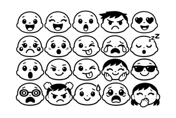 Fototapeta premium Collection of hand drawn cartoon emoji characters expressing happiness, sadness, anger, surprise, and other feelings