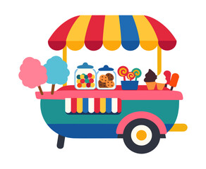 Obraz premium Sweet candy cart loaded with various desserts featuring cotton candy, lollipops, cookies, ice cream, and popsicles under a vibrant striped awning