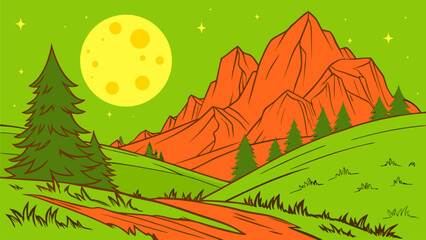 Bright vector illustration of mountains, green valley hills, pine trees, and a full moon. Ideal for nature scenery, outdoor adventure, hiking themes, travel posters, and landscape backgrounds. © yossi