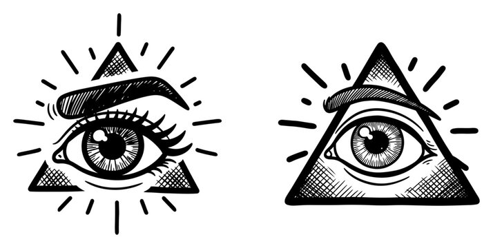 All Seeing Eye of Providence vector set Hand drawn sketch of masonic illuminati spiritual symbol in engraving style