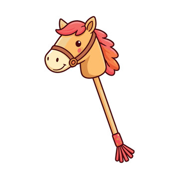 Cheerful stick horse toy, highlighting childhood, play, imagination, ride, and equestrian themes for kids