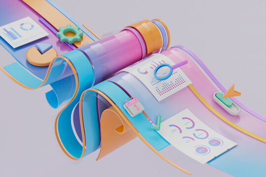 3D data stream report with chart, dashboard, and metric flow