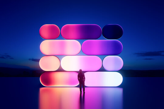 3D rounded glass block matrix with human silhouette and glow