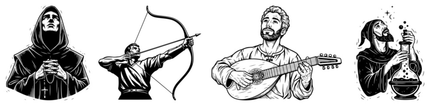Medieval Characters Set Monk Archer Bard Alchemist Line Art Vector