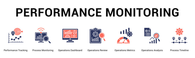 Performance Monitoring  Modern and clean web banner illustration vector featuring thematic icons