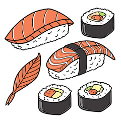 Various types of sushi on white background salmon sushi maki rolls nigiri sashimi © Hasen