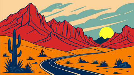Stylized vector landscape featuring a winding road through desert mountains at sunset with cactus silhouettes. Perfect for travel concepts, road trip themes, adventure design, and scenic posters. © yossi